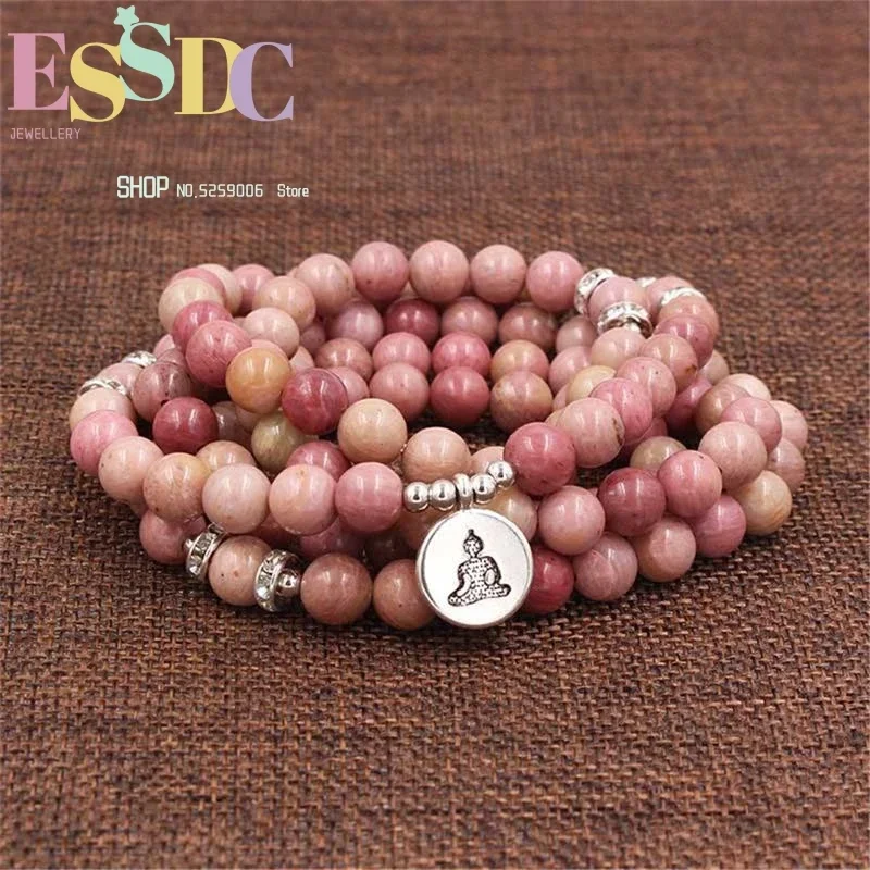 Yoga Fitness Gifts - ลูกปัดโรโดไนต์ธรรมชาติขนาด 8 มม. ใหม่ สร้อยข้อมือ 108