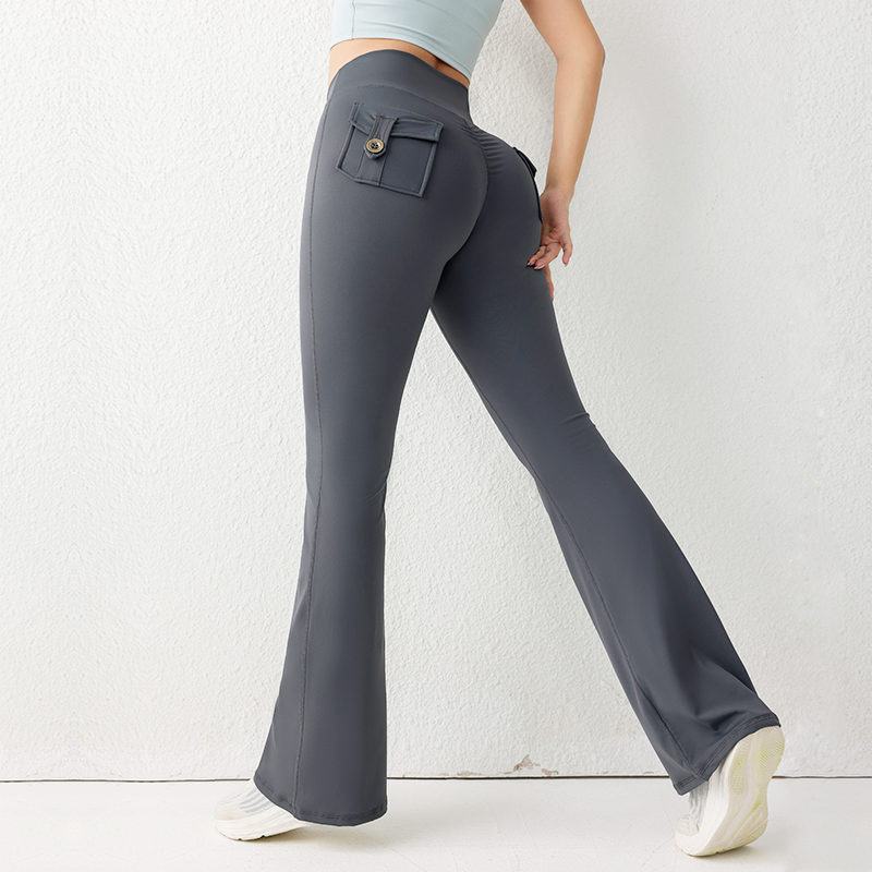Yoga Fitness Pants - สีทึบ Butt Lifting Gym ฟิตเนสกางเกงเอวสูง Flared