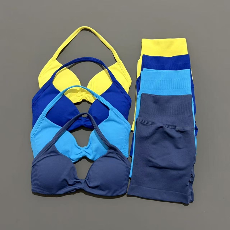 Yoga Fitness Kleidung - 2 ชิ้น HISTELLO ชุดกีฬาชุดโยคะแบบไม่มีรอยต่อสตรappy บราเอวสูงกางเกงขาสั้นระบายอากาศได้ดียิมออกกำลังกายเสื้อผ้าออกกำลังกาย