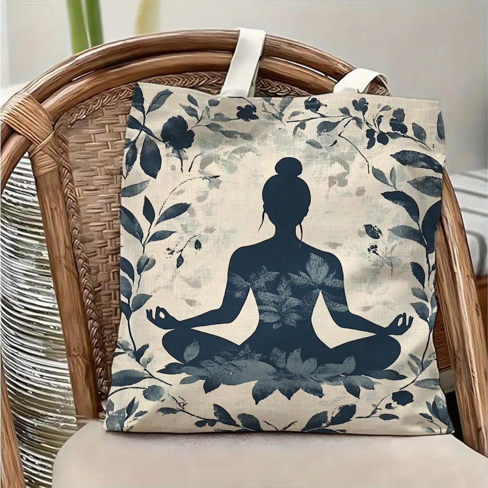 Yoga Fitness Gifts - กระเป๋าสะพายผ้าแคนวาสลายโยคะและการทำสมาธิ 1 ชิ้น พร้อมลายพืชและดอกไม้สำหรับผู้หญิงที่ทำสมาธิแบบนั่งไขว้ขา กระเป๋าเก็บของแบบพับได้น้ำหนักเบา กระเป๋าช้อปปิ้งแบบใช้ซ้ำได้พร้อมสายสะพายไหล่แบบคงที่