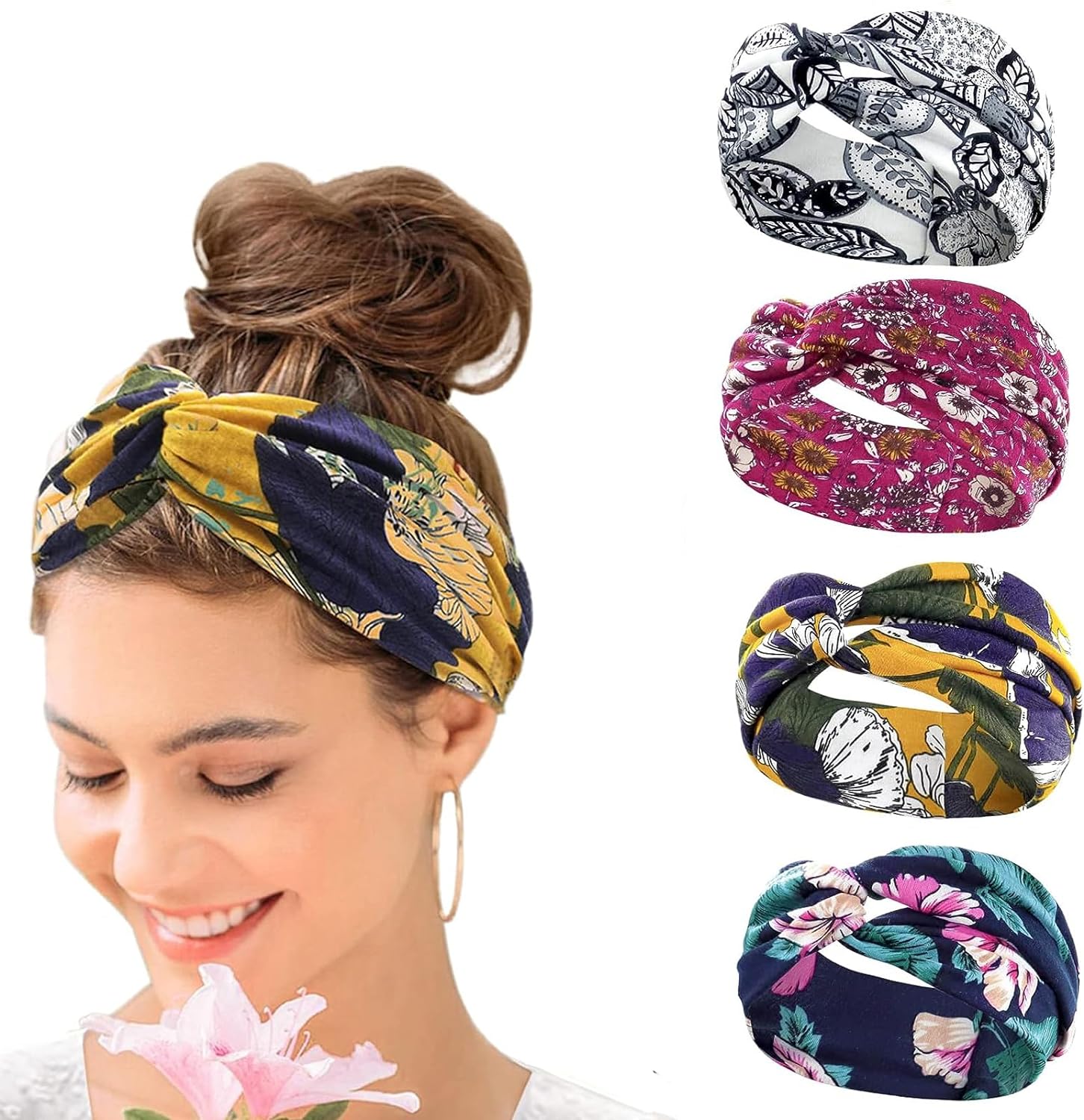 Yoga Fitness Girl - 4ชิ้นที่คาดผมสำหรับผู้หญิง Boho ยืดหยุ่นนุ่มผ้าโพกศีรษะผ้าฝ้ายที่คาดผมสำหรับผู้หญิงและเด็กหญิงทุกวันกีฬาโยคะฟิตเนส